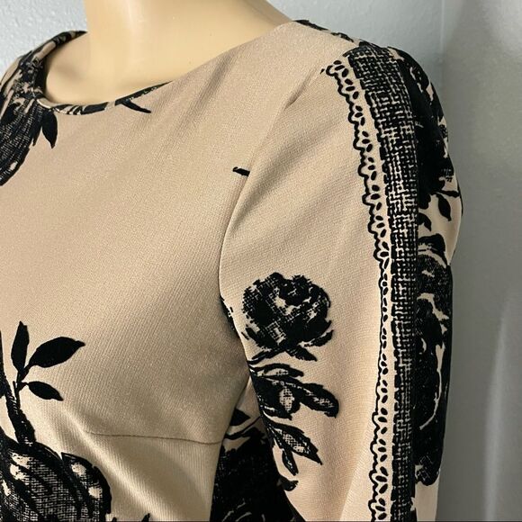 Chadwick’s 3/4 Sleeve Tan and Black Floral Dress With Raised Floral Print Size 4 - Picture 3 of 14
